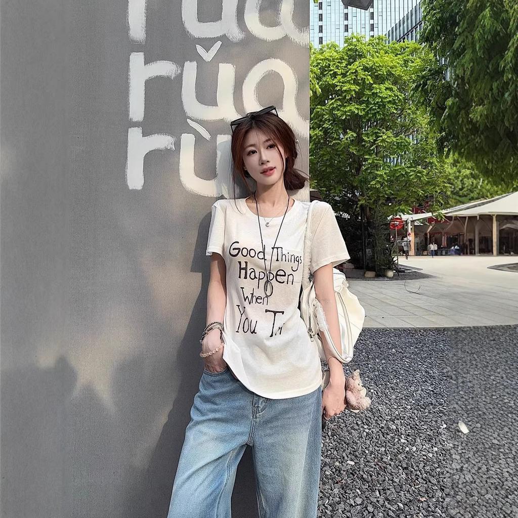 American Sweet and Spicy Letter Printed Crew Neck T-Shirt Women's Summer Waist Skinny Versatile Short Sleeve Bottom Shirt Top