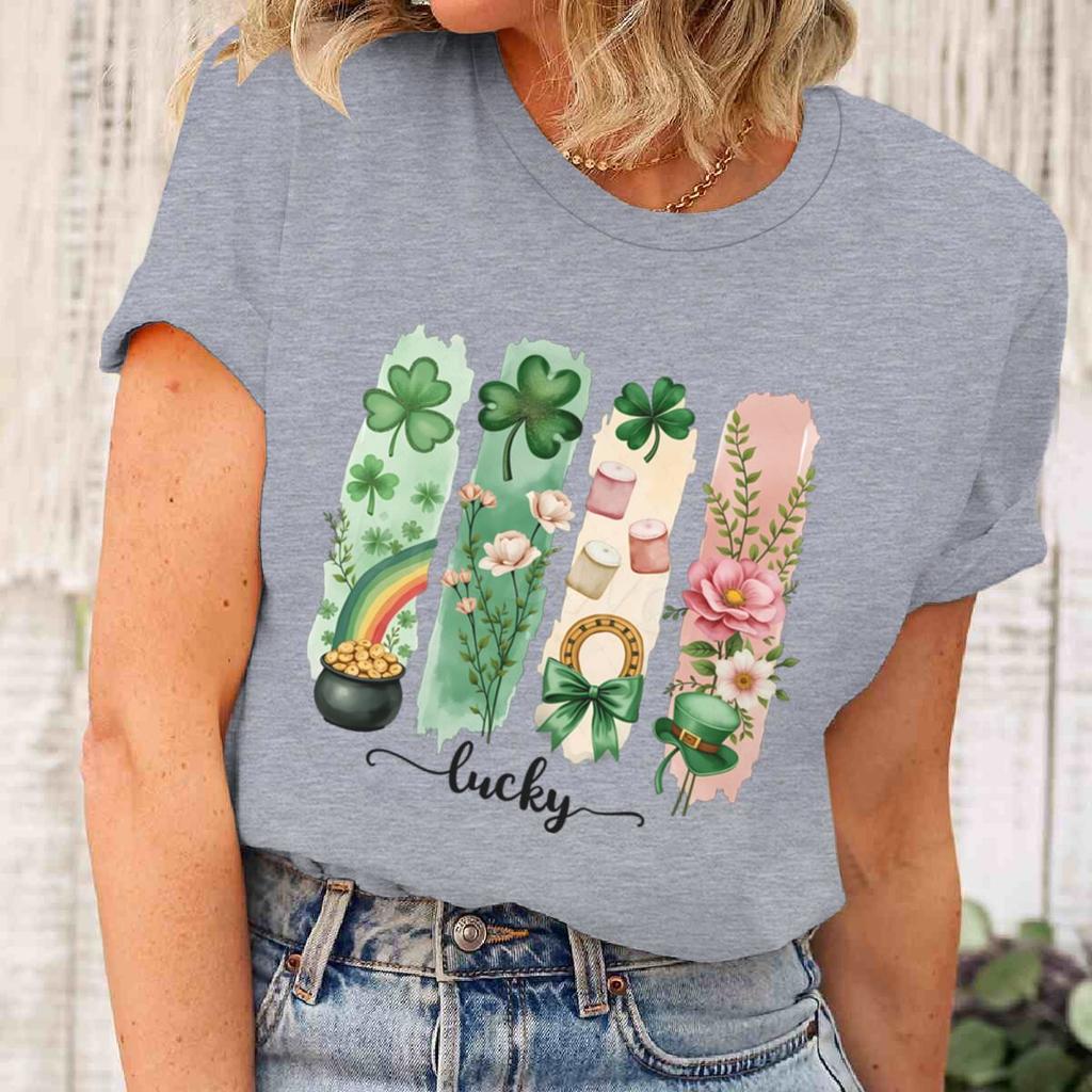 Vintage St. Patrick's Day T-Shirt Women Lucky Four Clover & Floral Short Sleeve Tee Girl Lucky Clover Festival Casual Tops