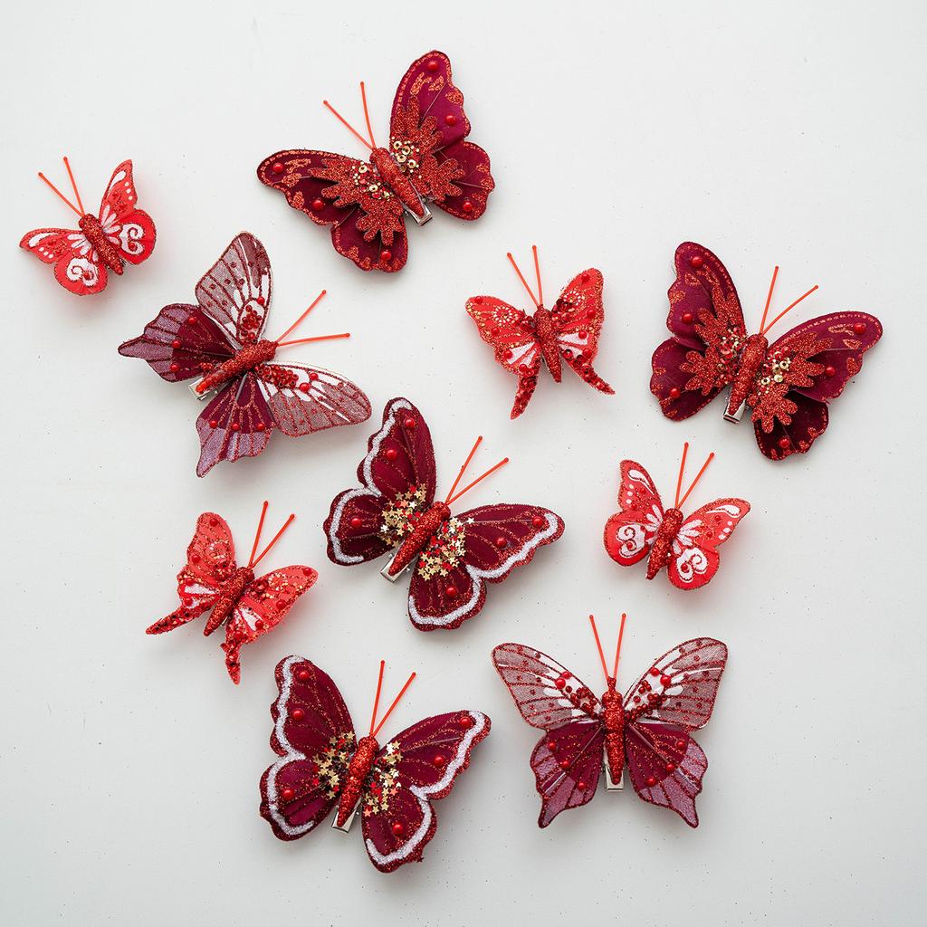 10PCS 5-7cm Simulation Butterfly Fabric Feather Color Butterfly Combination Set Christmas Decoration Small Gift Christmas Tree Ornament