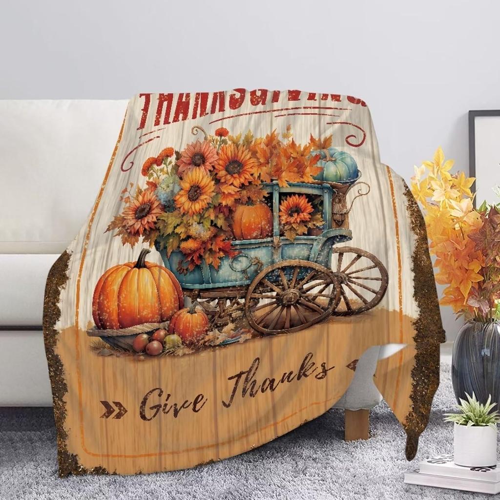 Harvest Autumn Throw Blanket Pumpkin Farmhouse Fallen Leaves Blanket Cozy Soft Lightweight Flannel Plush Blankets for Bed Couch