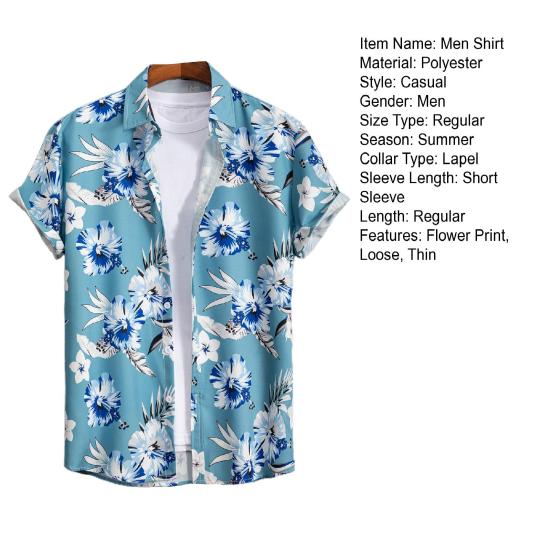 Lapel Short Sleeve Men Shirt Buttons Closure Thin Anti-pilling Summer Flower Printed Hawaiian Shirt Beachwear