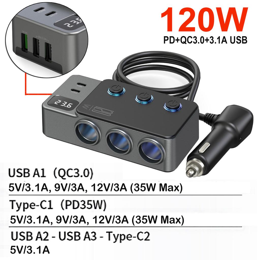 120W PD35W+QC3.0 Schnelllader 5 USB-Buchsen & 3x Zigarettenanzünder-Verteiler mit LED/Ein-Aus-Schaltern/LCD-Voltmeter Steckdose