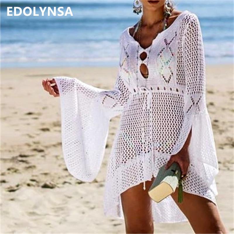 2020 Sexy Hollow Out Pletené Přední Krátká Zadní Dlouhé Letní Plážové Šaty Dámské Plážové Oblečení Háčkovaná Tunika