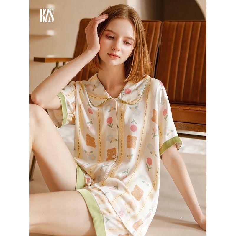 2024 Cute Cartoon Women's Pajamas Rayon Satin Short Sleeve Pants Soft Comfortable Can Be Outerwear Homewear Suit