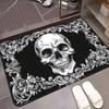 2D Flat Gothic Skull Baroque Floral Pattern Black White Flannel Bath Mat Non Slip Dark Aesthetic Rug For Bathroom Bedroom Decor
