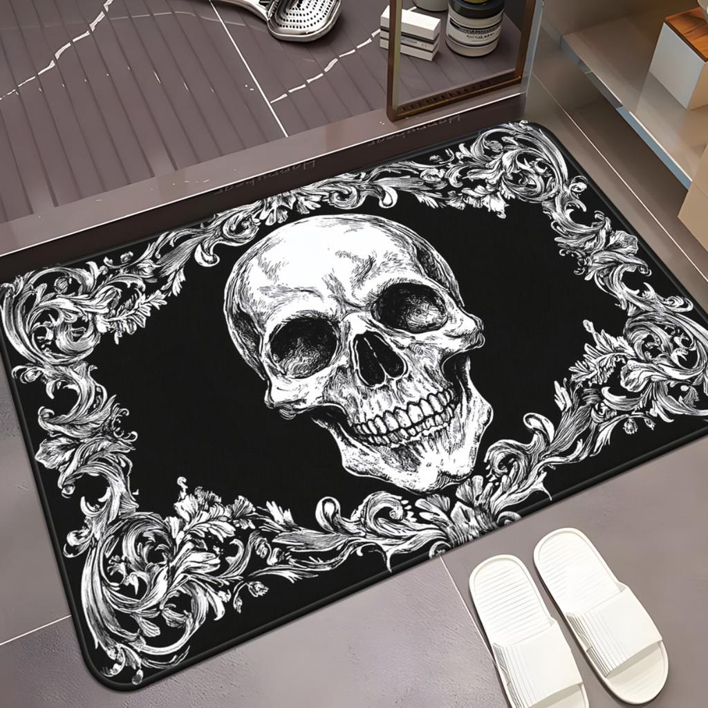 2D Flat Gothic Skull Baroque Floral Pattern Black White Flannel Bath Mat Non Slip Dark Aesthetic Rug For Bathroom Bedroom Decor