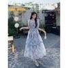 Retro square collar floral dress women's summer new super fairy Mori waist thin fungus edge long skirt