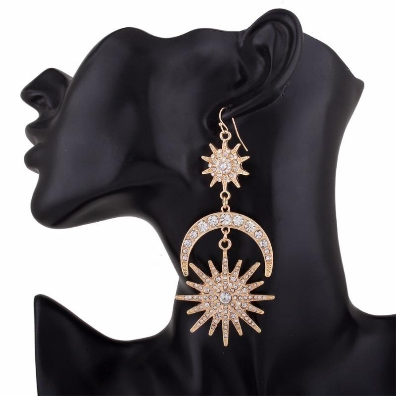 Big Luxury Sun Moon Stars Drop Earrings Rhinestone Punk Earrings for Women Jewelry Boho Vintage Statement Earrings