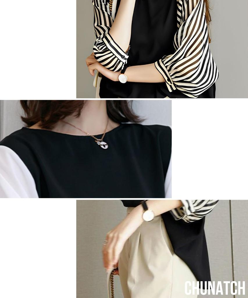 Chunachi Long Puff Puff XL Casual Loose Layering Docking Mixed-Material Top, 3/4 Sleeve, Sheer, Sleeve, Chiffon, Casual, Spring/Autumn, Sleeves, Cute,