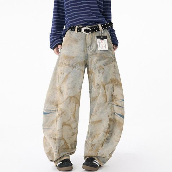 American Retro Design Sense Yellow Mud Dyed Washed Wide-leg Jeans Men's and Women's Summer Design Sense Old Scimitar Pants