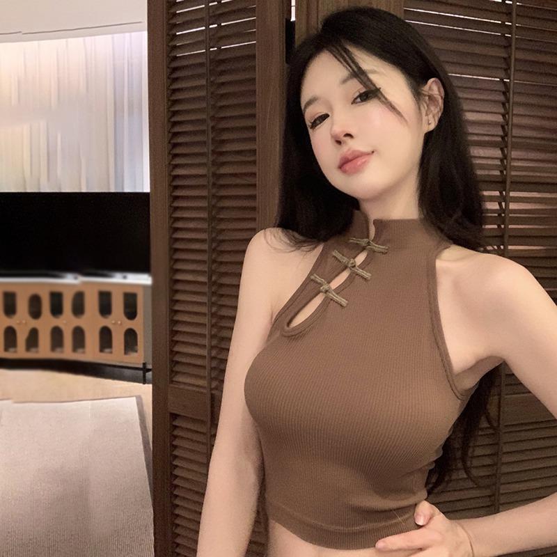 

Винтажный женский топ в китайском стиле с открытой спиной и без рукавов, мягкий жилет Cheongsam с пряжкой в ​​стиле ретро One Size