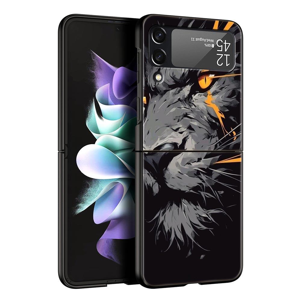 Cross Pattern Bicolor Lion Hard PC Phone Case For Samsung Galaxy Z Flip 7 6 5 4 Black Cover For Galaxy Z Flip 3 Foldable Fundas