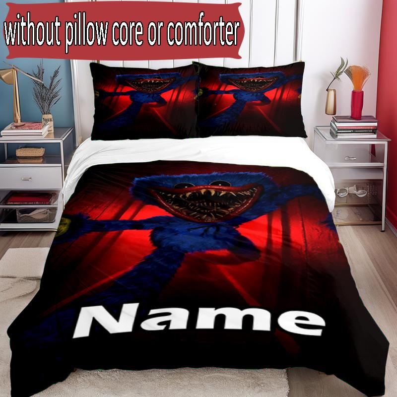3pcs Duvet Cover Set (1*Duvet Cover + 2*Pillowcase, Without Core), Custom Name Huggy Wuggy Pattern Bedding Set, Home Bedroom Decor Gift
