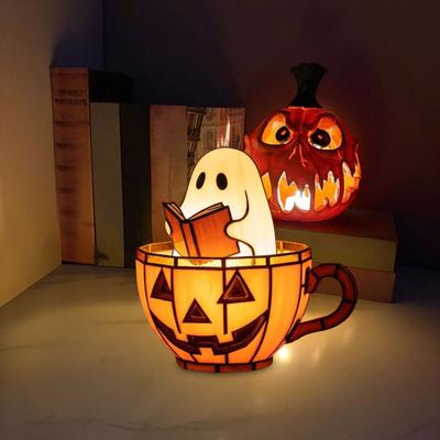 Yousheng Ghost Reading Book Lamp Cute LED Ghost Reading In Pumpkin Cup Halloween Night Light for Bedroom Tabletop Decor