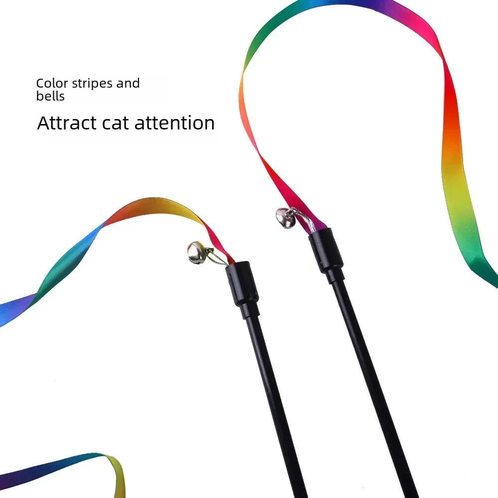 Rainbow Double Sided Cat Wand Toy Long Stick Durable Interactive Teaser Stick Bite Resistant Flexible Play Toy For Kitten Cats