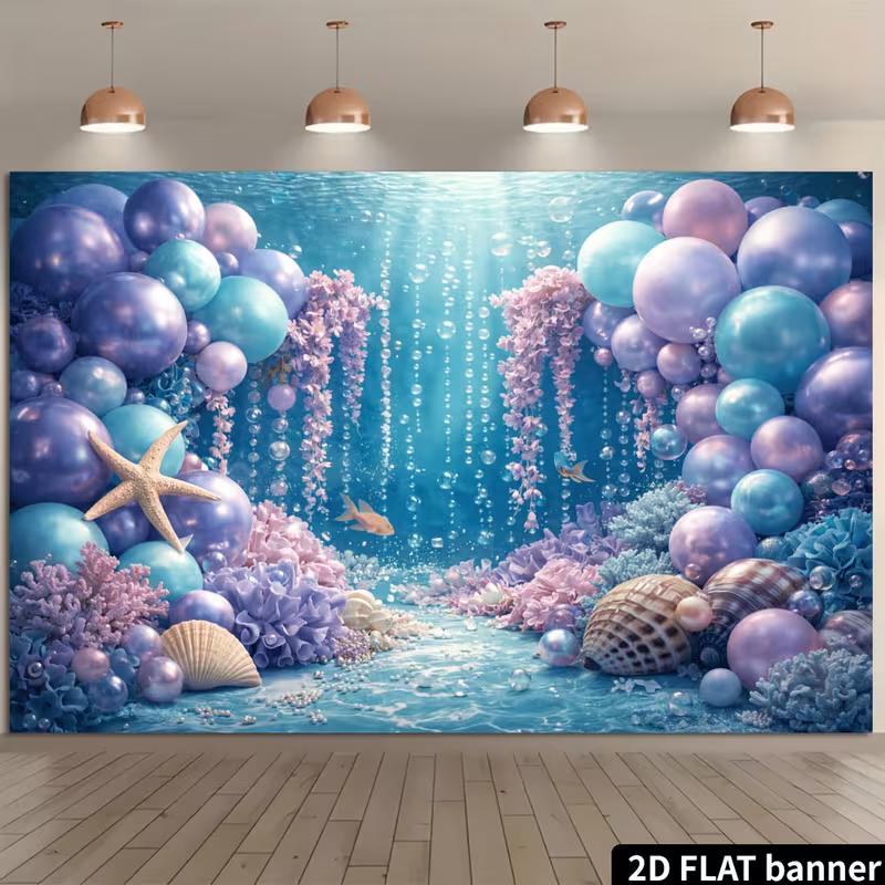 2D Blau Lila Meeresbanner, Unterwasserballon Meerjungfrauenparty Fotokabine Hintergrund
