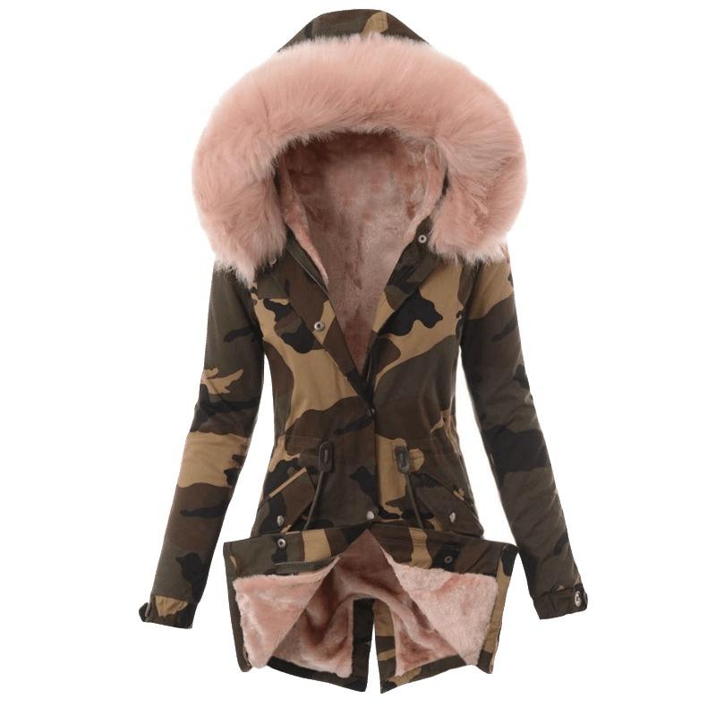 

Winter Warm Fashion Womens Camouflage Print Hooded Parka Coat Casual Outwear Military Hooded Fur Coats S рожевий