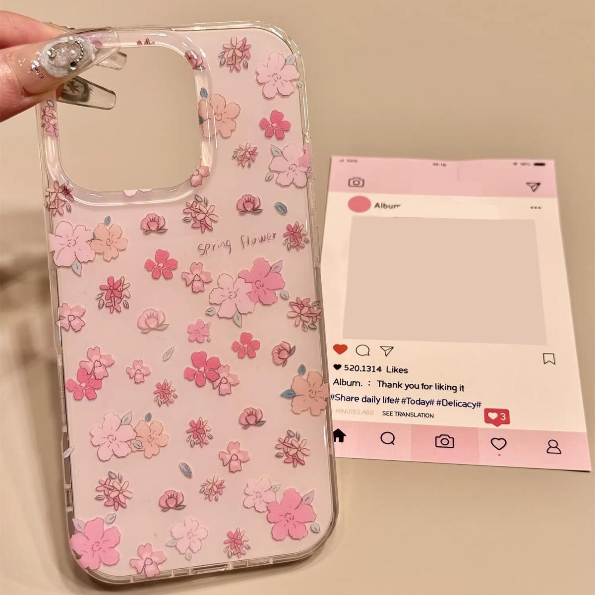 

Korean Cute Rink Spring Flower Glossy Phone Case For iPhone 16 15 14 13 12 Pro Max 11 Lovely Floral Shockproof Soft Back Cases For iPhone 15