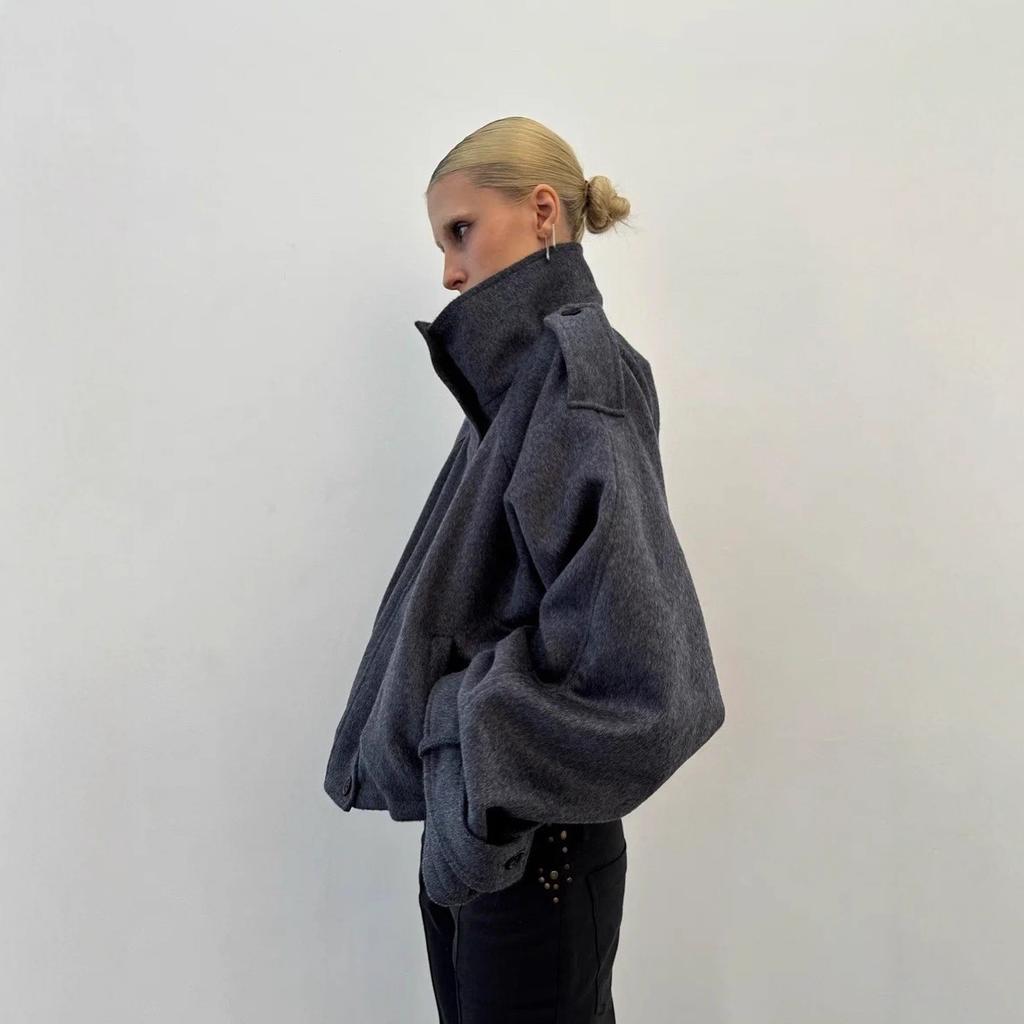 Cappotto di Lana Vintage Largo con Collo Rialzato per Donna Casual Monocolore Manica Lunga Caldo Corto Soprabito Moda High Street Capo Esterno
