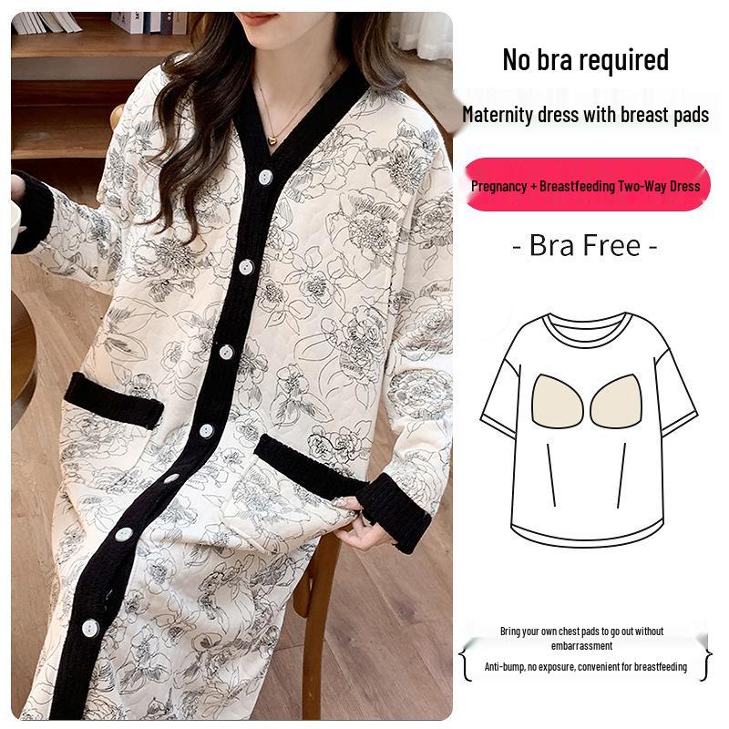 Umstandspajamakleid aus Luftbaumwolle für Herbst/Winter - Übergröße für pränatale, Krankenhaus- und postpartale/Stillzeit-Nutzung