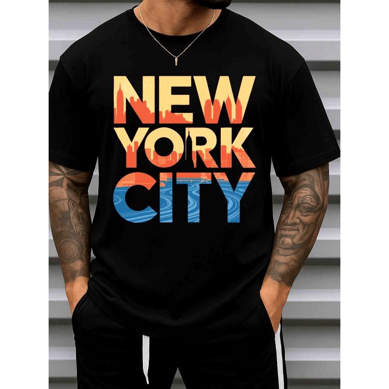European Size Men'S NYC Skyline Graphic T-Shirt - sm Heavyweight Black Tee with New York City Skyline & Lettering, All-Season Casual & Athletic Wear