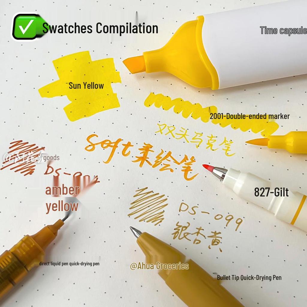 Dian Shi Yellow Series Set: Sunshine Yellow Highlighter & Soft Brush Pen for Note-Taking & Retro Journaling.