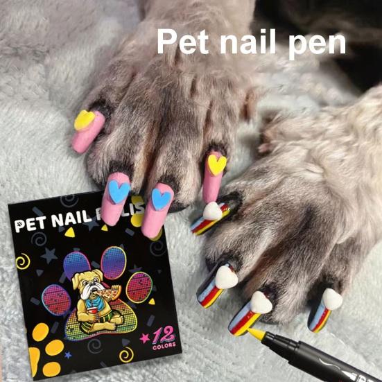 Yousheng 12-Color Pet Nail Art Pen Set Quick Dry Dog Nail Polish Pens for Puppy Cat Soft Brush Tip Creative Pet Grooming