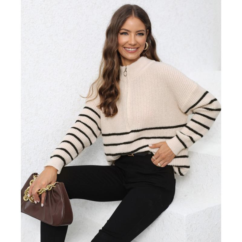 Women's Autumn/Winter Knitted Stripe Patchwork Half High Neck Zip Loose Woven Sweater