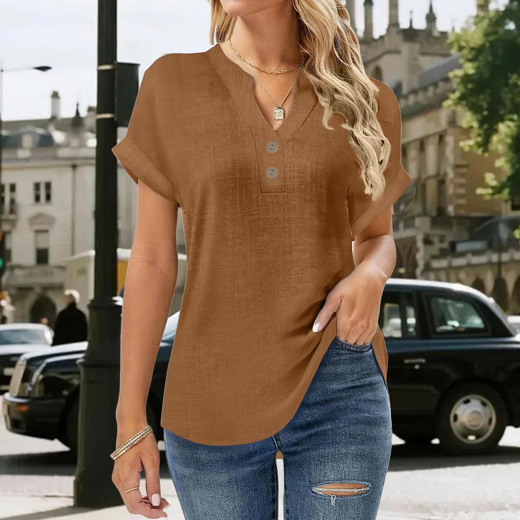 Women's Fashion Casual Button-Front Split-Front Short-Sleeved Plain T-Shirt Top