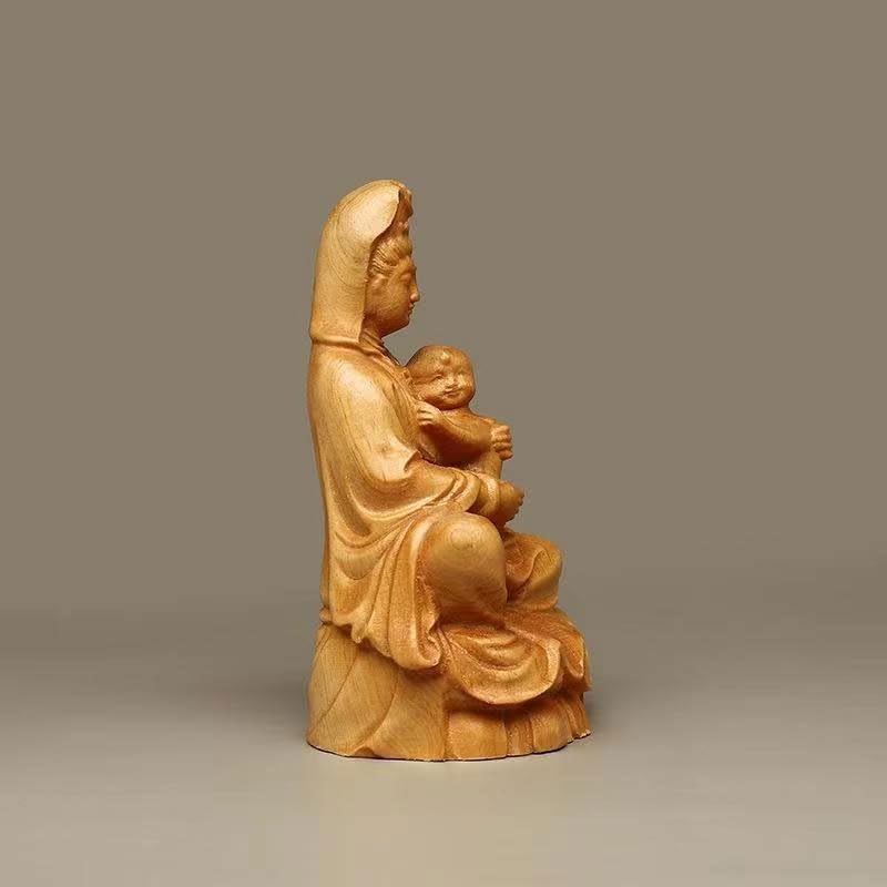 Dsdsad Wooden Buddha Statue, Seated Mother Kannon (10cm High X 5.5cm Wide) - Prayers for Safe Childbirth, Guardian Deity for Child-rearing, and