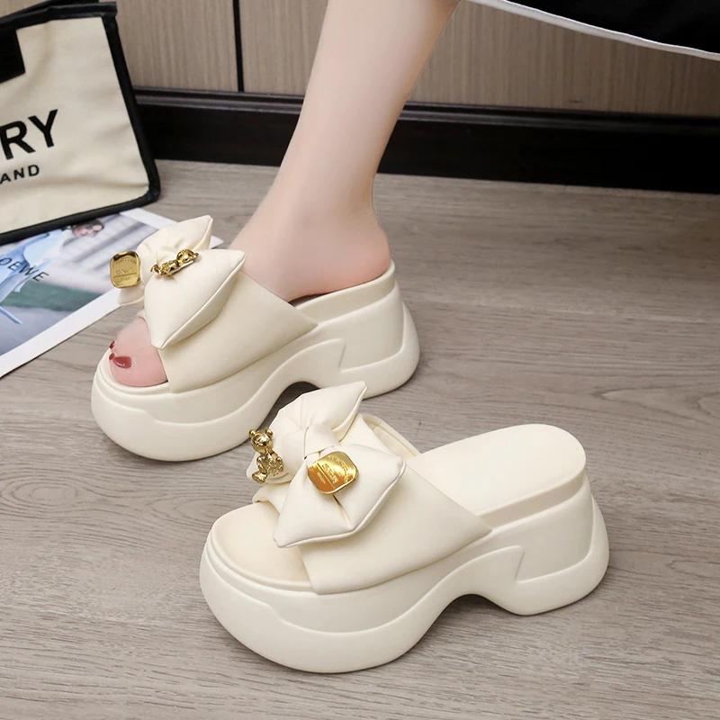 Fashion 9CM High Platform Slippers Women Solid Color Thick Sole Leather Sandals Woman Chunky Summer Casual Beach Slides Zapatos Mujer