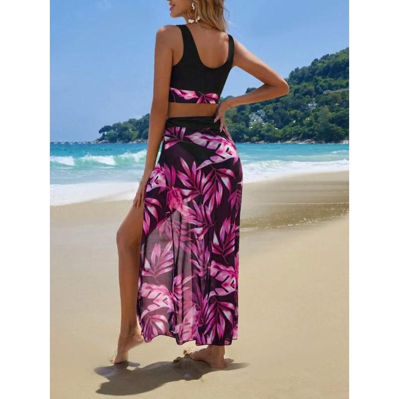 2026 Print Three Pieces Bikini With Vent Long Skirt Swimsuit Women Swimwear Female Bather Bathing Swimming Swim Suit Beachwear