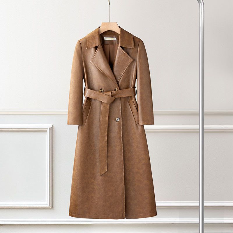 Elegante Soprabito Lungo da Donna Trench Vintage in Pelle Cappotto Mezza Lunghezza Slim Fit Primavera Autunno Capospalla