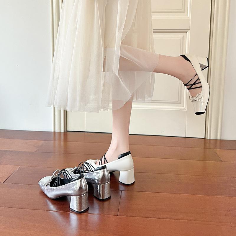 French retro color matching square head thick heel Mary Jane shoes female high heel fairy ballet shoes cross strap silver single shoes