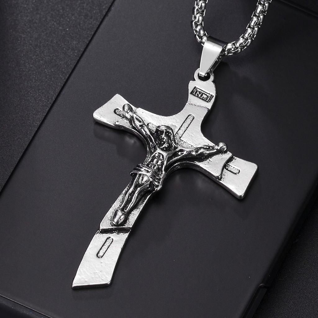 Collana con Croce di Gesù Cristiana per Uomo Donna Catene in Acciaio Inossidabile Choker Religione Ciondoli Blu Gioielli Regali per Preghiera Battesimo