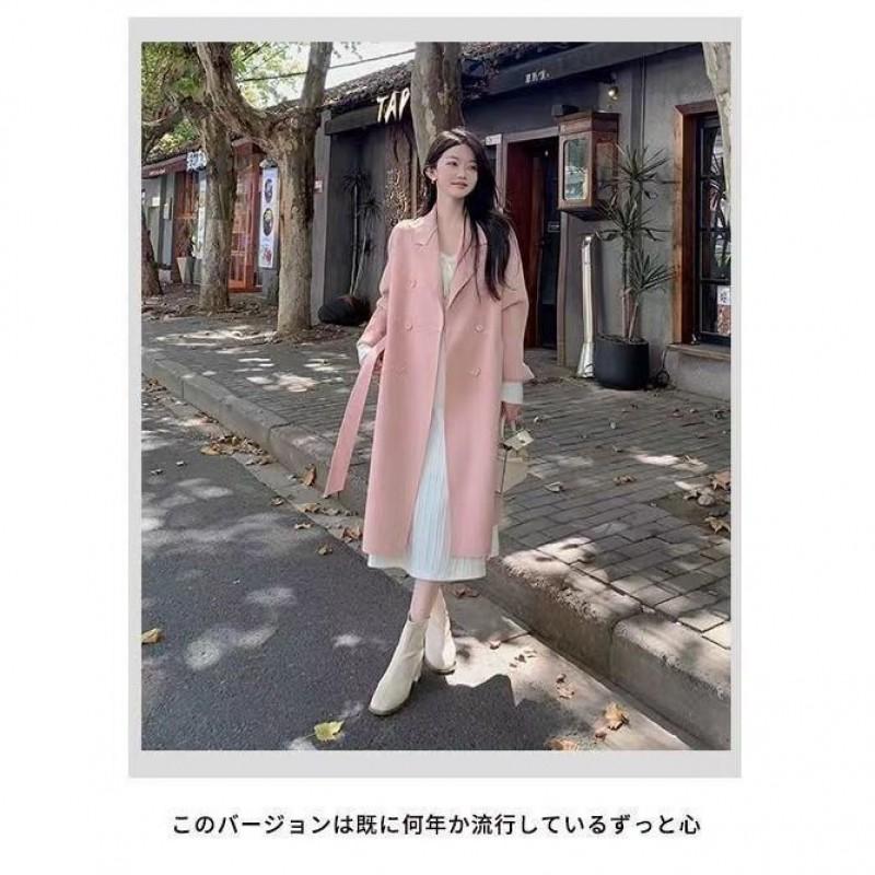 Womens Solid Color Wool Blend Coat Mid-Length Loose Fit Winter Outerwear Elegant Office Style
