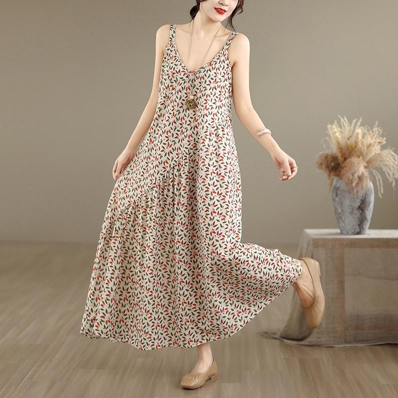 Sleeveless Strap Cotton Vintage Floral New in Dresses For Women Casual Loose Long Summer Dress Elegant Clothing
