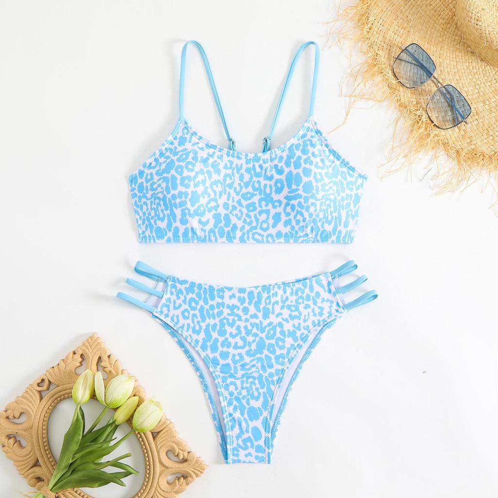 Set bikini cu imprimeu leopard și bretele pentru femei, pentru înot și plajă