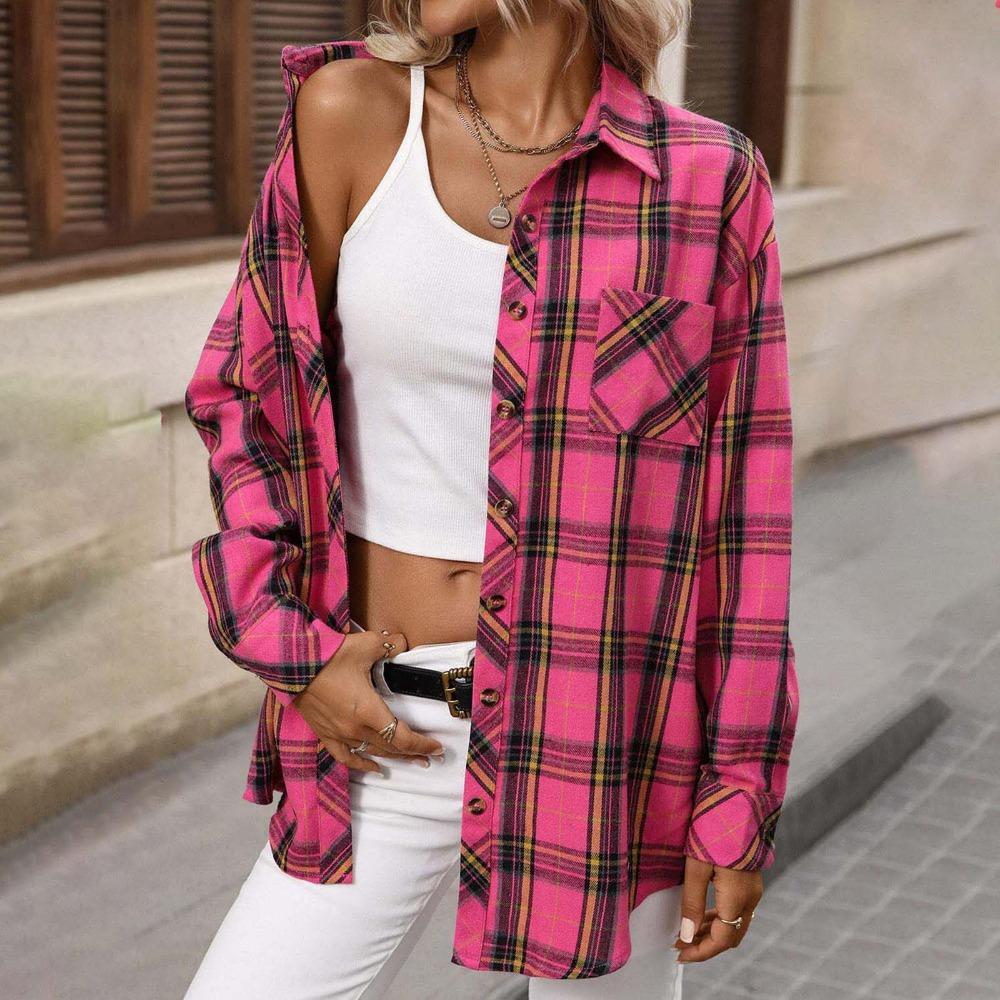 Women's Turn Down Collar Long Sleeve Flannel Oversized Casual Plaid Shirt Blouse