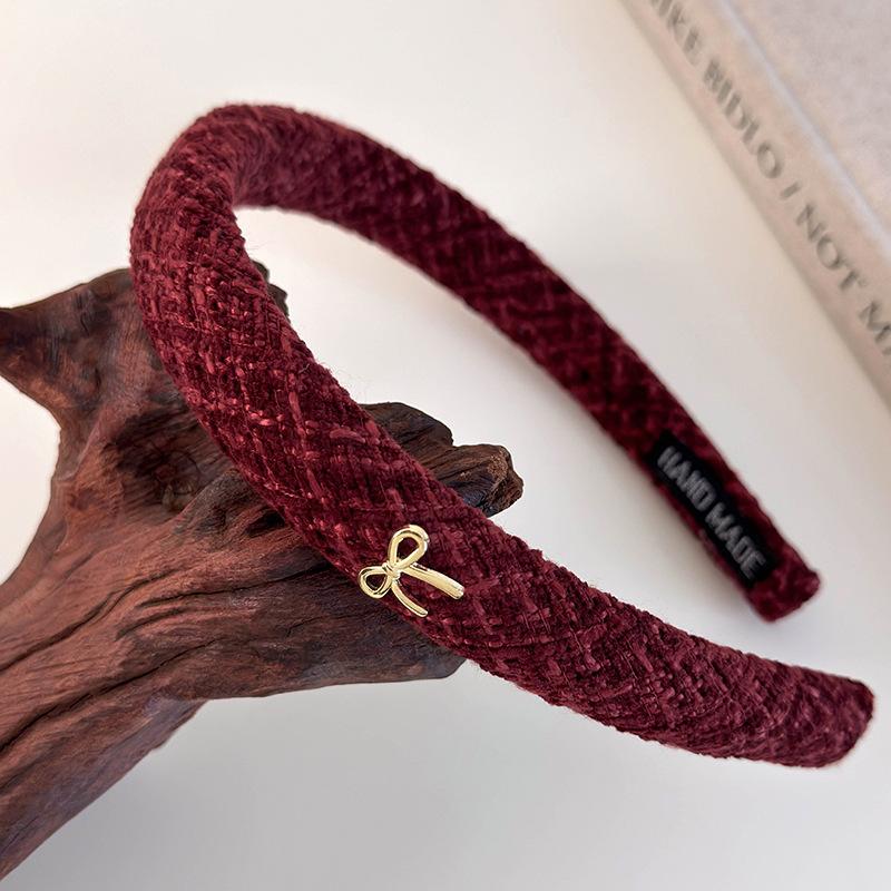 

Красная плюшевая повязка на голову с золотым бантом, вязаная, для женщины, ретро, элегантная, обруч для волос, женская, рождественская и новогодняя повязка для волос, трендовые аксессуары