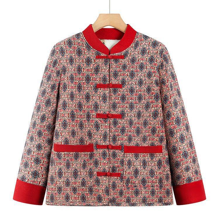 Chinese Style Velvet Cotton Jacket for Middle-Aged and Elderly Women - Retro Autumn/Winter Warm Outerwear