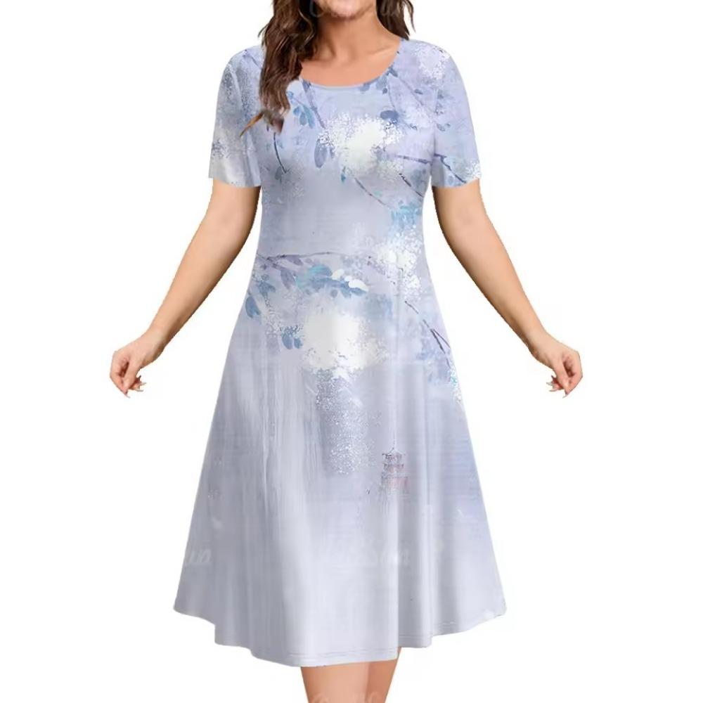 Summer Floral Print Dress round Neck Short Sleeve A-Line Skirt Elegant Women's Floral Skirt Casual Chic Lady's Clothing