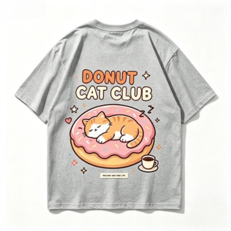 Donut Cat Club Graphic Tshirt Unisex Cute Sleeping Cat Donut Print Oneck Short Sleeve Loose Casual Summer Streetwear Tops