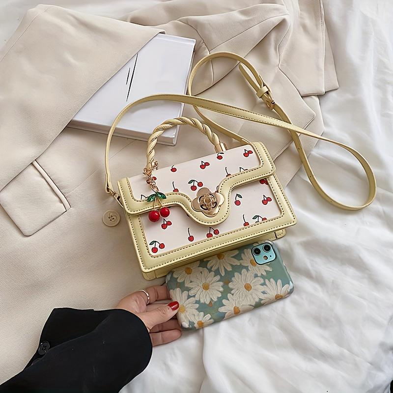 Cherry Print Handbag for Women, Sweet Mini Crossbody Bag, Stylish Flower Lock Shoulder Bag Square Purse