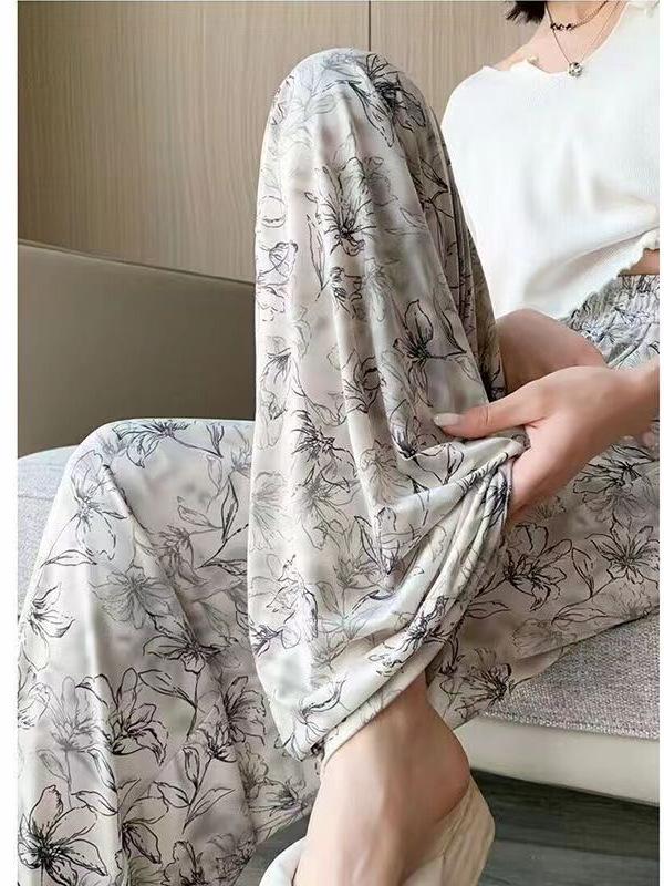 Women's 2025 Spring Retro Brown Plaid Wide-Leg Ice Silk Pants