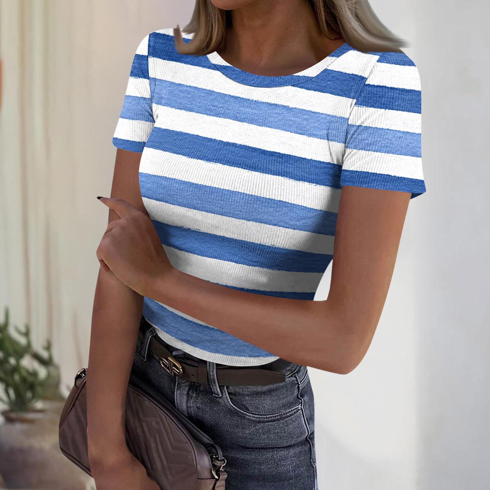 Women s Casual Fashion Round Neck Striped Print Short Sleeve Ribbed Top L