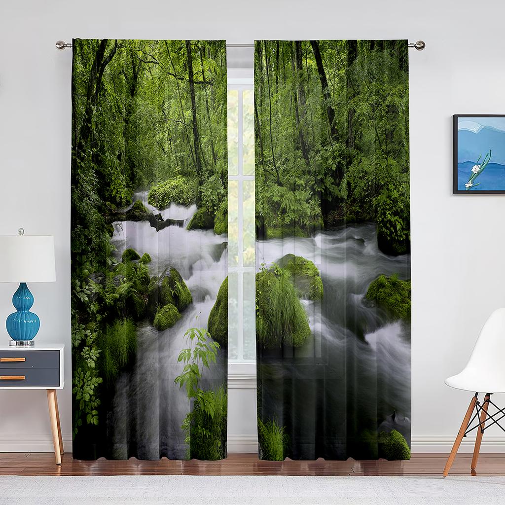 Bergsee Frühling Naturlandschaft Voile Vorhang für Schlafzimmer Wohnzimmer Küche Blumen Feld Fenster Vorhänge 2 Paneele Drapierung
