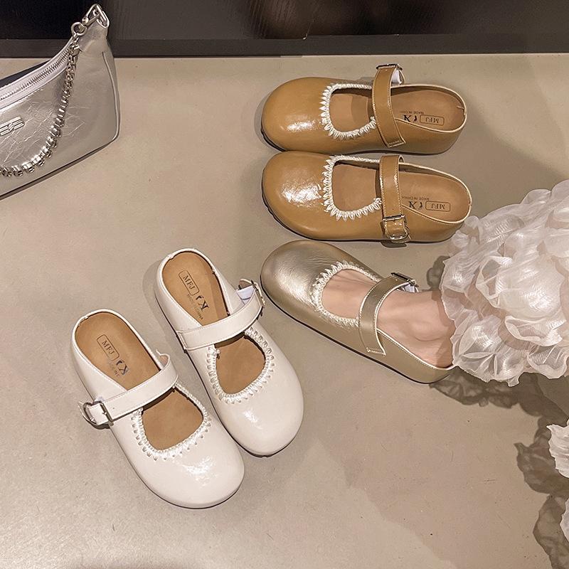 Rhinestone women's woven ballet shoes 2025 new round head Mary Jane rivet soft leather hollow flat-bottomed dance shoes