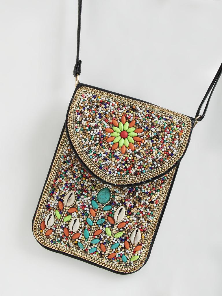 Bohemian Theme Pu Handbag With Magnetic Flap And Floral Accents For Daily Outings
