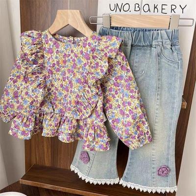 2025 Trendy Floral Shirt & Lace Trim Jeans Set for Girls